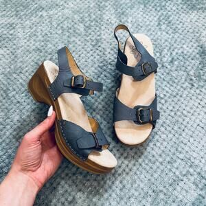 SANITA Blue Leather Strappy Open Toe Wood Sole Clog Heel Sorrento Comfort 39/9